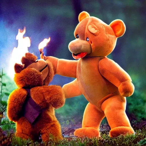 Prompt: candid photo of Teddy Ruxpin in the woods, playing with fire as Smokey The Bear burns one by Annie Leibowitz, photorealisitc, extremely detailed