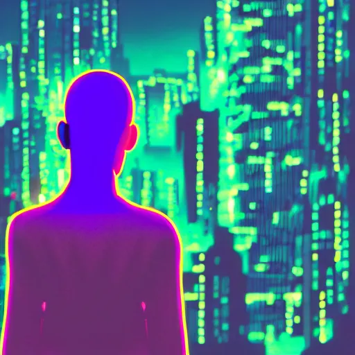 Image similar to cyberpunk city with a woman with a side head shave. city lights of aqua, green, and purple neon lighting, reflections