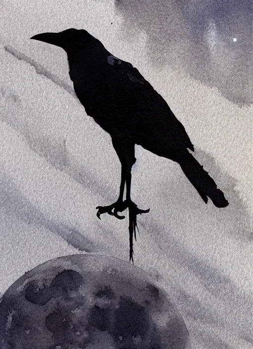 Image similar to portrait, silhouette of a crow blends into the moon, watercolor, dramatic lighting, cinematic, establishing shot, extremely high detail, foto realistic, cinematic lighting, digital art, vector, by Yoshitaka Amano, Ruan Jia, Kentaro Miura, Artgerm, post processed, concept art, artstation, matte painting, style by eddie mendoza, raphael lacoste, alex ross