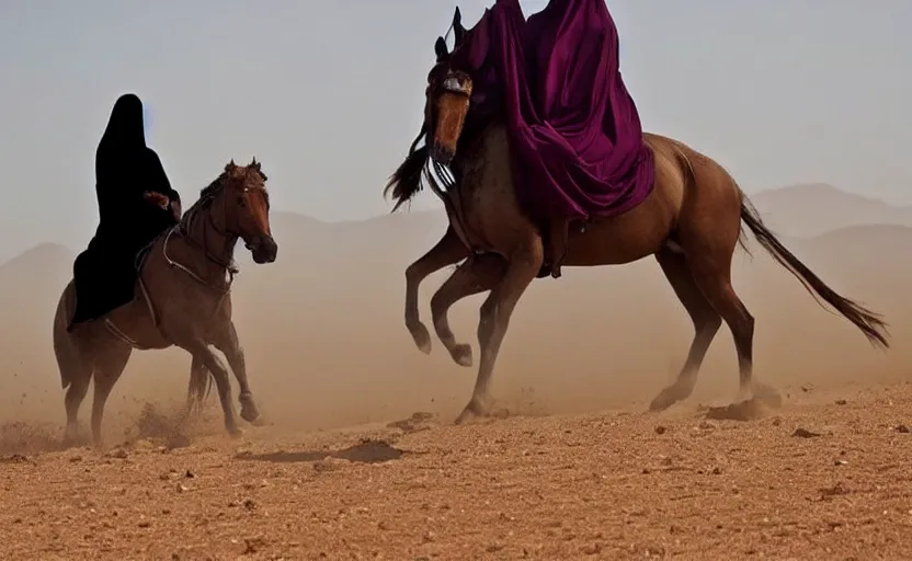 Image similar to beautiful burqa's woman, riding a horse!!! in saharan, sharp eyes, handling riffle on chest, shooting pose, perfect posture, dust, cinematic, dynamic pose, pinterest, center of interest