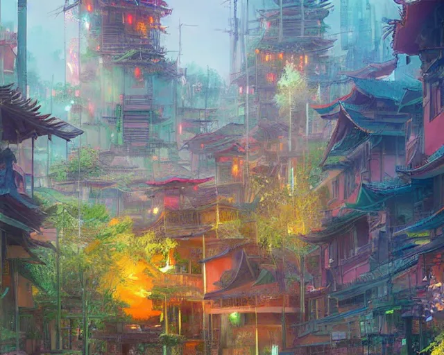 Prompt: great, vibrantly colored kitsune city, bamboo, fountain, a fantasy digital painting by Greg Rutkowski and James Gurney, trending on Artstation, highly detailed