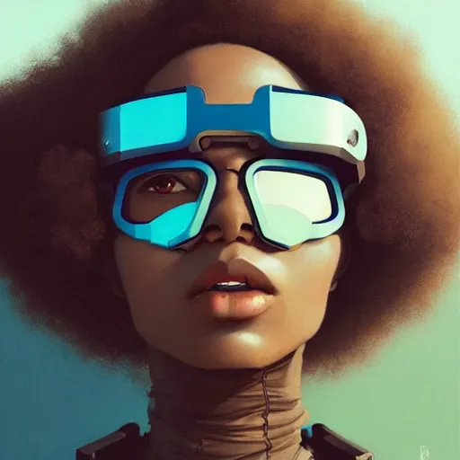 Image similar to Beautiful woman wearing opaque reflective goggles profile picture by Greg Rutkowski, brown skin, long afro hair, asymmetrical, futuristic, cool colors, streetwear, studio ghibli, Organic Painting , Matte Painting, geometric shapes, hard edges, street art, trending on the artstation, fantasy LUT, realistic by Sachin Teng + Martin Grip + Moebius, techwear, Industrial Scifi, detailed illustration, character portrait,