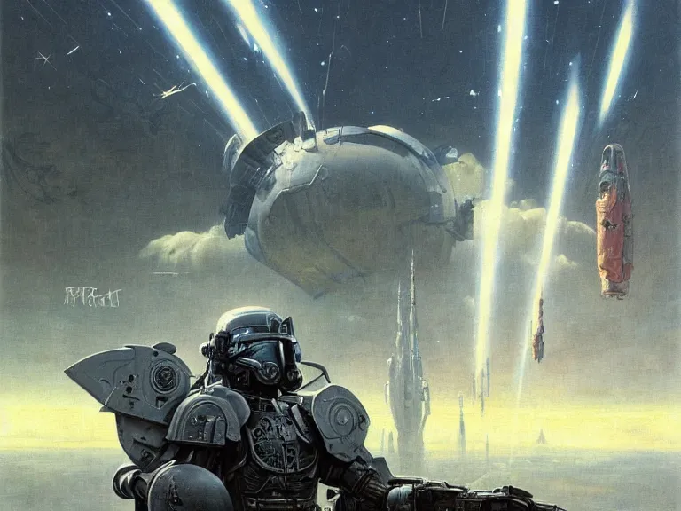 Prompt: a detailed profile painting of a bounty hunter in armour and visor, cinematic sci-fi poster. Spaceship high in the background. Flight suit, anatomy portrait symmetrical and science fiction theme with lightning, aurora lighting clouds and stars. Clean and minimal design by beksinski carl spitzweg and tuomas korpi. baroque elements. baroque element. intricate artwork by caravaggio. Oil painting. Trending on artstation. 8k