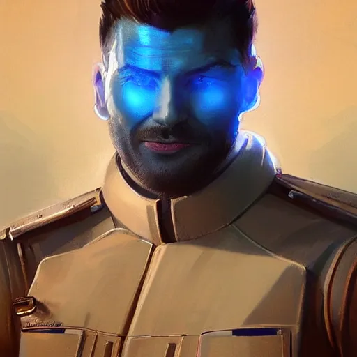 Image similar to Portrait of a man by Greg Rutkowski, he is about 30 years old, mixture between russian and turkish, quiff copper hair, attractive, uncanny smile, he is wearing a futuristic blue police outfit, highly detailed portrait, scifi, digital painting, artstation, concept art, smooth, sharp foccus ilustration, Artstation HQ