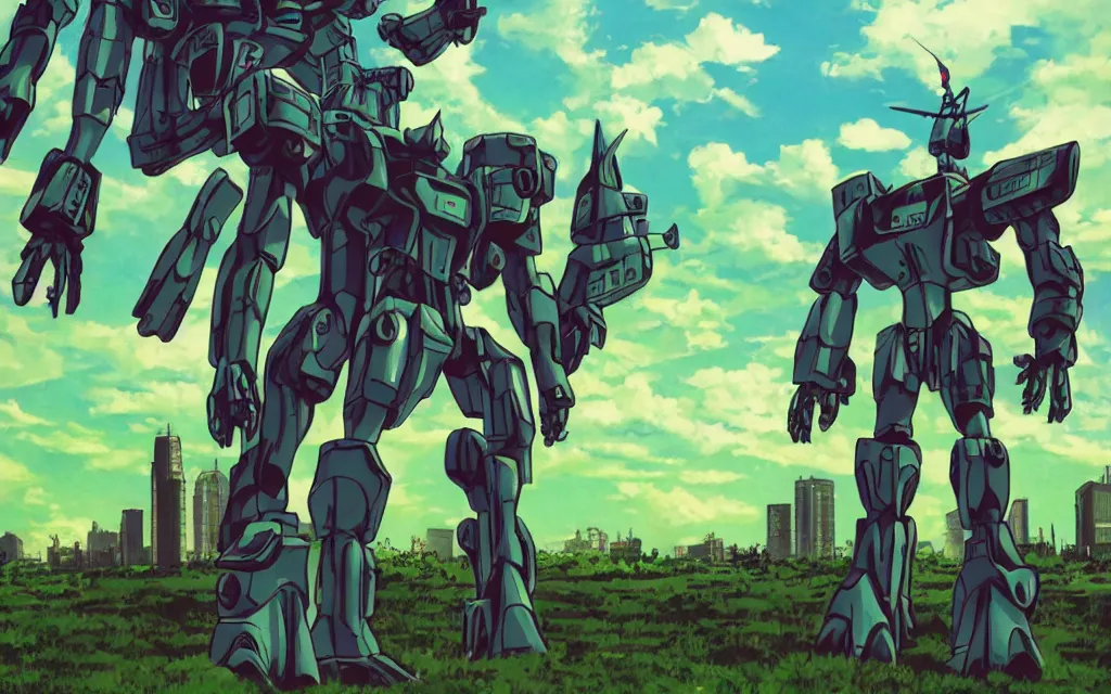 Prompt: 50ft tall mecha standing in a Blissful green field surrounded by old city ruins. 90s anime aesthetic.