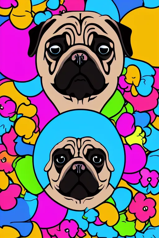 Prompt: Portrait of a pug as big as the world, sticker, colorful, illustration, highly detailed, simple, smooth and clean vector curves, no jagged lines, vector art, smooth