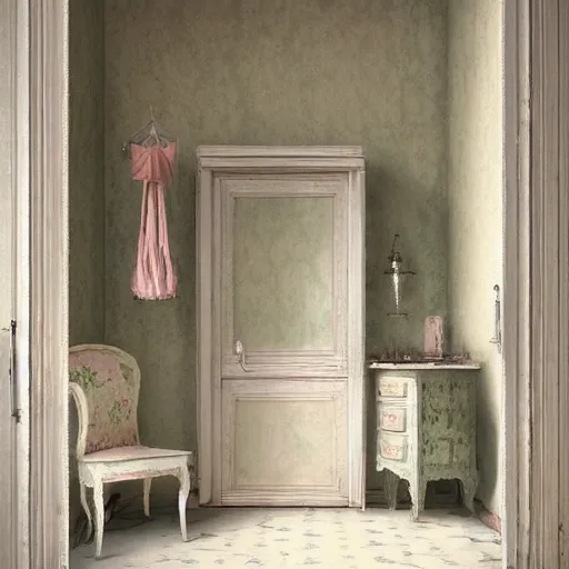 Image similar to beautiful digital matte painting of a whimsical botanical shabby chic dressing room by greg rutkowski and edward hopper, artstation, behance hd - h 7 6 8