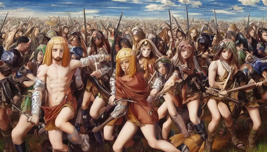 Image similar to jesus christ our lord leading an army of anime girls into battle, photorealistic, anime, mini skirt, long hair, renaissance painting, hyper real, detailed, closeup shot, ultra detailed