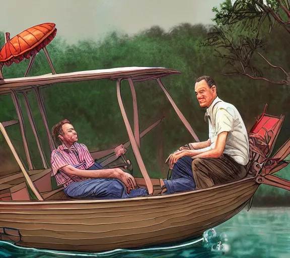 Image similar to Tom hanks as forrest gump sitting in a giant shrimp boat, majestic beautiful world, digital art, hyper detailed, artstation, in the style of maurice sendak