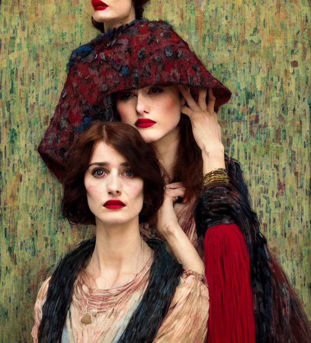 Image similar to portrait of fashionable young woman wearing rich jewerly hat and boho poncho into concrete hitech interior, eva green and Gemma Arterton, red light, dark make up on her face sitting dynamic pose, Low poly, thunder clouds in the sky, artwork by john william waterhouse and Denis Sarazhin and klimt and rhads and van gogh and Dean Ellis and Detmold Charles Maurice, levitation, industrial rusty pipes, simple form, brutal shapes