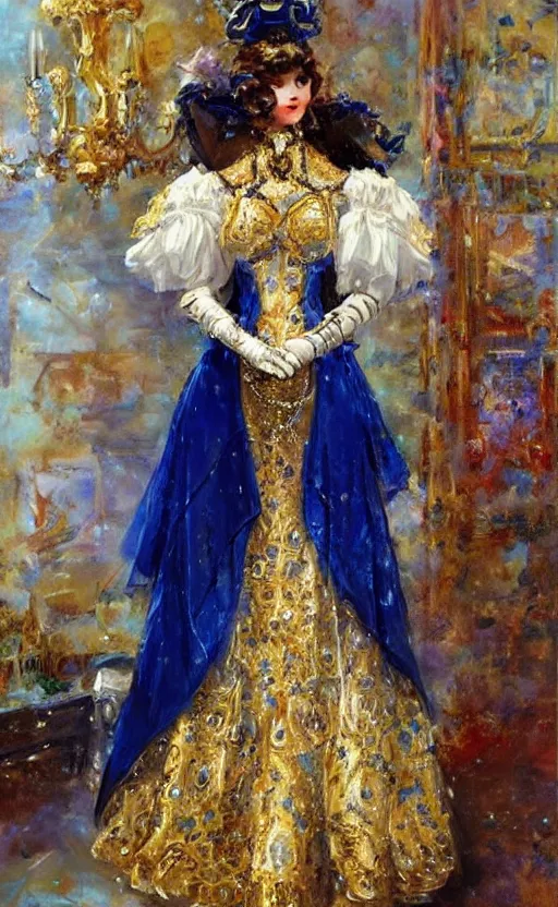 Image similar to Elegant Mecha laydy in blue victorian dress with gold ornaments. By Konstantin Razumov, highly detailded