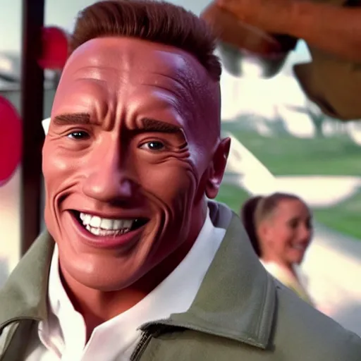 Prompt: Tv commercial, tootpaste, Arnold Schwarzenegger, Ariana Grande, Justin Biber, Dwayne Johnson, Boris Johnson, Commercial, showing off white teeth, realistic, award winning masterpiece