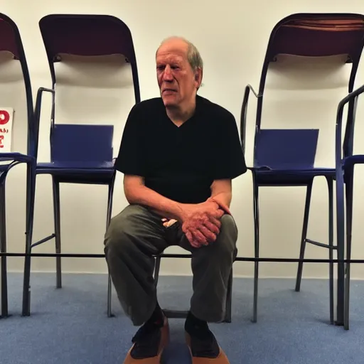 Image similar to werner herzog sits with a pair of bolt cutters in the waiting area of the dmv. wide angle, style of edward hopper, wes anderson, chris ware, award winning, photo realistic, dynamic lighting, very detailed face, 4 k