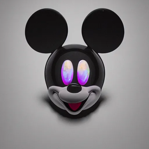 Prompt: counterfeit mickey mouse head, fractal, broken, psychedelic dystopia, wet, mycelium, radiant alien, rococo, baroque, automotive, bio-mechanical, porcelain, iridescent, sub surface scattering, octane render