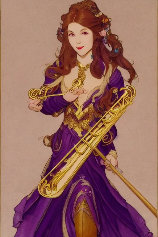 Prompt: Full body Portrait of a beautiful young bard lady, playing an onrnamental Golden lyre, light borwn hair, White skin, dark Blue eyes, purple and pink leather garments, leather boots, fingerless gloves, extremely detailed face, high fantasy, magic music, dungeons and dragons, blizzard entertainment, industrial light and magic, pixar, matte painting, mucha, trending on Artstation, artstationHD, artstationHQ, octane, cgsociety, HD, 16K