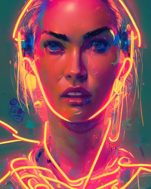 Image similar to detailed portrait Megan Fox Neon Operator Girl, cyberpunk futuristic neon, reflective puffy coat, decorated with traditional Japanese ornaments by Ismail inceoglu dragan bibin hans thoma greg rutkowski Alexandros Pyromallis Nekro Rene Maritte Illustrated, Perfect face, fine details, realistic shaded, fine-face, pretty face