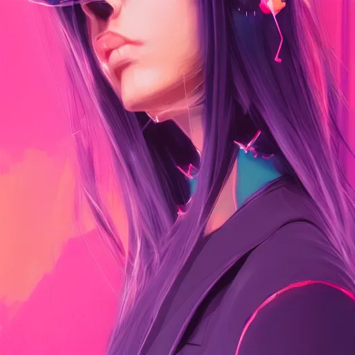 Image similar to portrait, long hair cyber princess, matte print, pastel neon, digital art, cute, digital painting, very very very very elegant, pixiv, by Ilya Kuvshinov and artgerm and Ross Tran, daily deviation, masterpiece portrait, trending on artstation, IAMAG