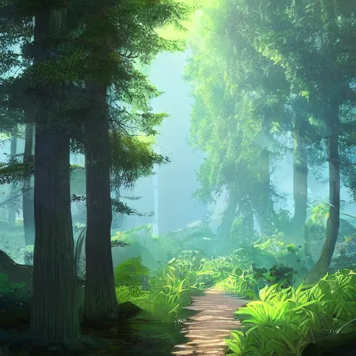 Image similar to An incredibly diverse forest, the light shoots through the trees from the sun, a walking path through the side, in the style of Hayao Miyazaki