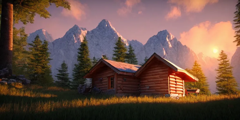 Image similar to a cozy little house in the woods, mountains in the background relaxing, 3 d concept art by phillip urlich, chill, relaxing, peaceful, sunset, extremely detailed art, unreal engine 5, hyper realism