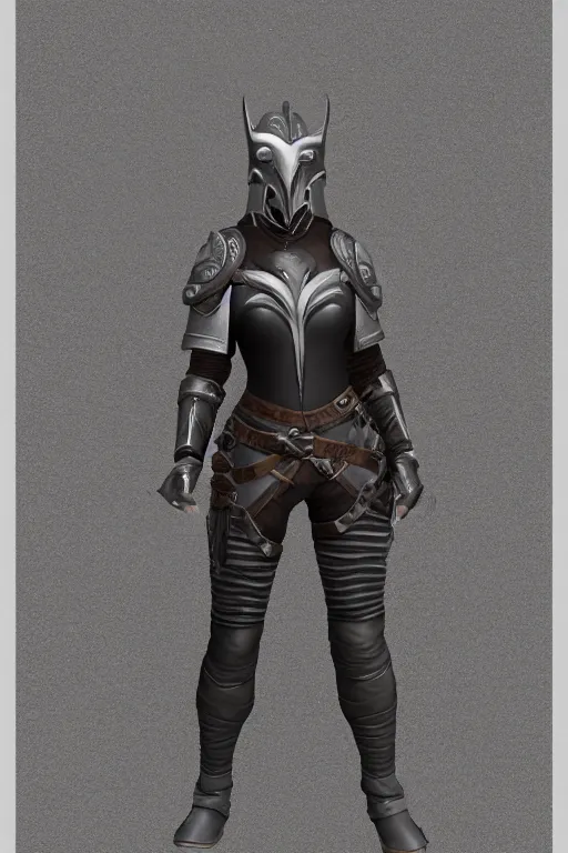 Prompt: female adventurer in tight full - body leather armor of altmer design with white porcelain crow mask, trending in artstation, establishing shot