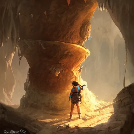 Image similar to an adventurer finding a big cake in a dark mysterious cave, digital art, highly-detailed, artstation cgsociety