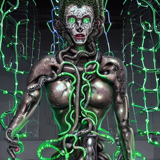 Prompt: the upper torso of a terminator gorgon medusa with borg implants and robotic snakes coming out of her head is hanging from cables and wires off the ceiling of a lab. Tiny green led lights in her cybernetics. She is bolding a cup of coffee. very detailed 8k. Art by nekro. Horror style.