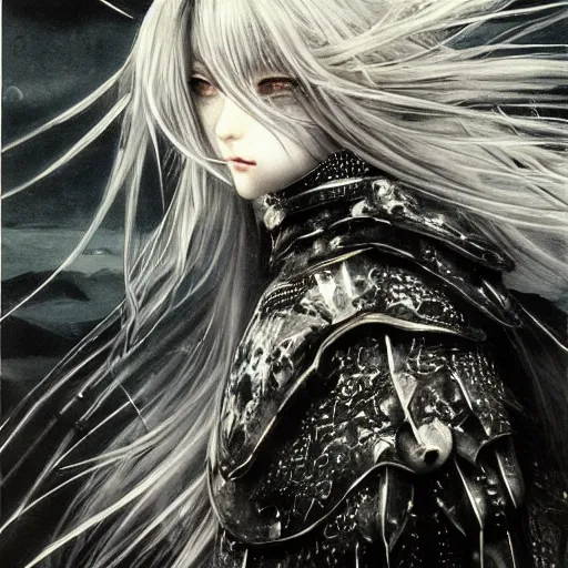 Image similar to yoshitaka amano blurred and dreamy realistic illustration of an anime girl with wavy white hair and cracks on her face wearing elden ring armour with the cape fluttering in the wind, abstract black and white patterns on the background, noisy film grain effect, highly detailed, renaissance oil painting, weird portrait angle