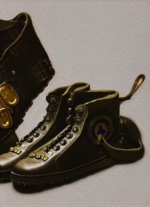 Image similar to hyperrealistic and heavy detailed product photo bape avant garde boots of movie the fifth element, in front of white back drop, whole shoe is in picture, leica sl 2 5 0 mm, vivid color, high quality, high textured, real life