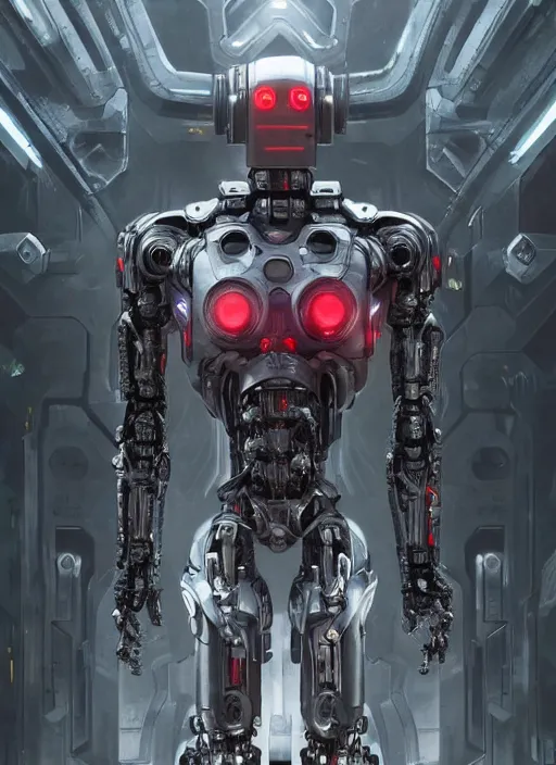 Image similar to cyborg, borg, android, strogg, face of a man, body of a robot, droid, robocop, cable, victor stone, ultron, terminator, machine, flesh, quake, doom demon, wolfenstein, monster, octane render, from an anime movie, symmetry, symmetrical, concept art by ruan jia and greg rutkowski