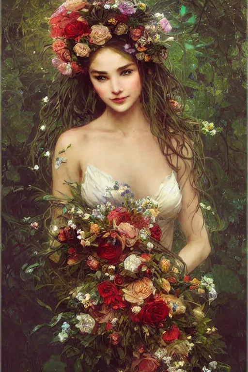 Image similar to portrait of a beautiful mysterious woman holding a bouquet of flowing flowers, wet dripping long hair, hands hidden under the bouquet, emerging from the water, fantasy, regal, intricate, by stanley artgerm lau, greg rutkowski, thomas kindkade, alphonse mucha, loish, norman rockwell