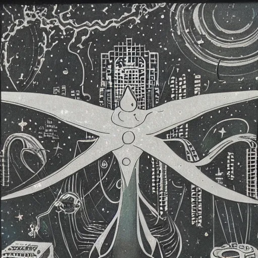 Image similar to cosmic eldritch space squid consuming a city on neptun, epic surrealism, elegant, dreadful cut out collage, 1974