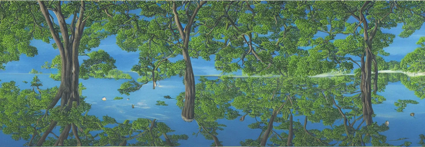 Image similar to escher painting of a lake, big trees reflecting on lake surface, ultra sharp, ultra detailed, colorized by salvador