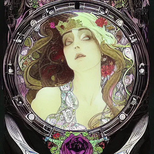 Image similar to Alice in Wonderland,Diamonds Blaze,Rose twining,out of time and space,dreamy, eternity, romantic,highly detailed,in the style of Alphonse Maria Mucha, highly detailed,night lighting