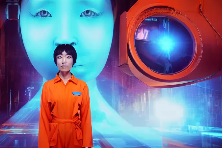 Prompt: an 8 k photograph depicting haruka abe wearing an orange prison jumpsuit. behind her a blue holographic face hangs in the air, dominating the background scene. futuristic medical equipment surrounds haruka abe. cinematic lighting, soft focus, panavision camera, sci fi, futuristic,