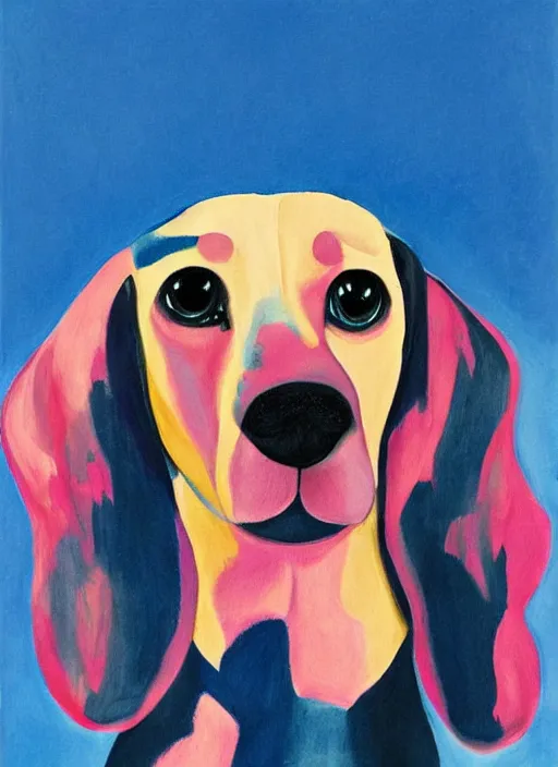 Image similar to Pink and Blue dachshund, painted by Georgia O'Keeffe, very detailed, with folds, 8k