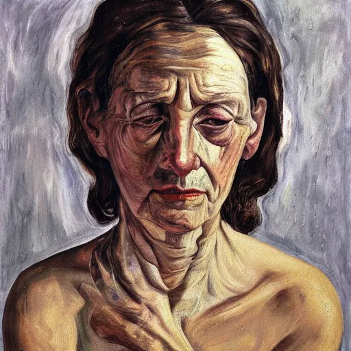 Prompt: Oil painting Portrait of a sad Woman, by Lucian Freud, Abstract brush strokes, Masterpiece