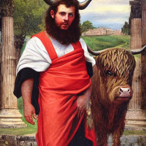 Prompt: idealized oil painting portrait of a man wearing a roman toga, posing with a highland cow, in the roman forum.
