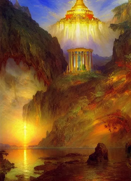 Image similar to a beautiful view of the temple of light, art by thomas moran and frederic edwin church