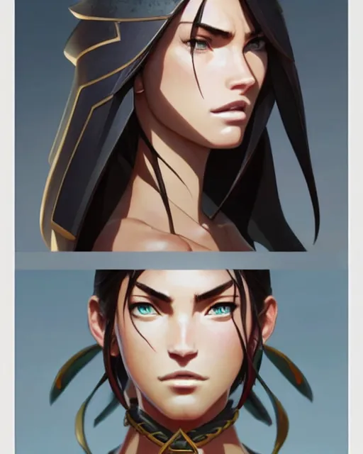 Image similar to azctec warrior, megan fox, detailed perfect face, exquisite details, fire magic, mid view, design on a white background, by studio muti, greg rutkowski makoto shinkai takashi takeuchi studio ghibli