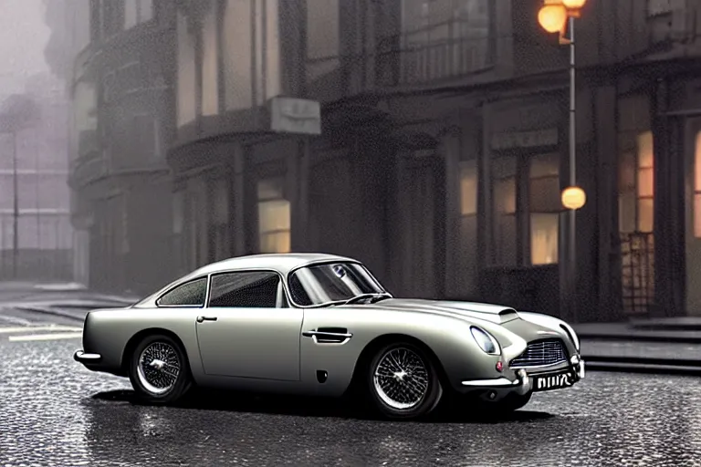 Prompt: a wholesome animation key shot of!! one!! focused!! aston martin db 5!!, front wheels turned, on a wet london street, raining, wide shot, studio ghibli, pixar and disney animation, sharp, very detailed, high resolution, rendered in unreal engine 5, anime key art by greg rutkowski, bloom, dull atmospheric lighting