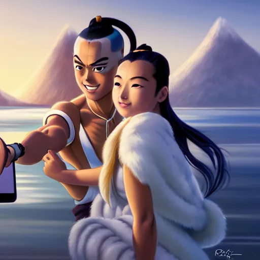 Image similar to beautiful serene intricate portrait of sokka and yue taking a selfie, smiling softly, relaxing on the beach, golden hour, soft focus, 8 k, art by irakli nadar, hyperrealism, hyperdetailed, ultra realistic