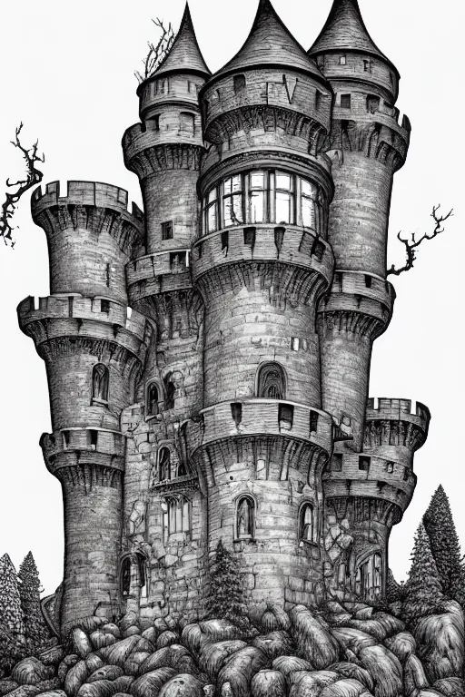 Prompt: a line drawing of an old castle in the woods by joe fenton, trending on artstation, realistic rendering