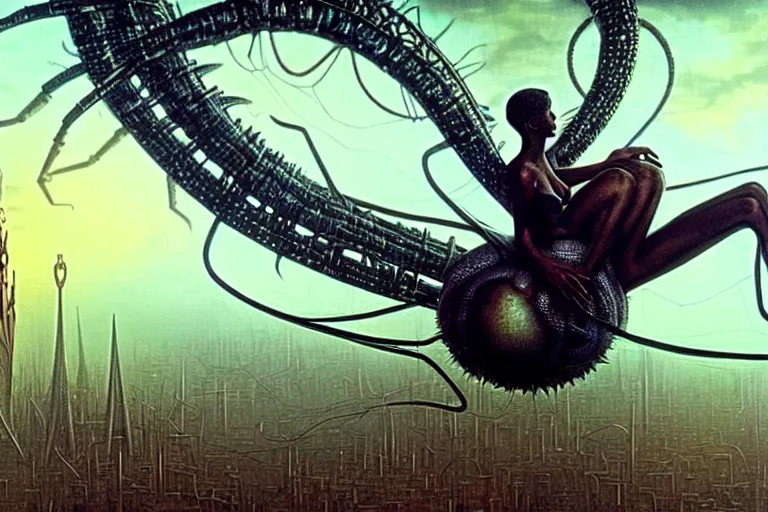 Image similar to realistic detailed closeup portrait movie shot of a beautiful black woman riding a giant spider, dystopian city landscape background by denis villeneuve, amano, yves tanguy, alphonse mucha, max ernst, ernst haeckel, edward robert hughes, roger dean, cyber necklace, rich moody colours, sci fi patterns, wide angle