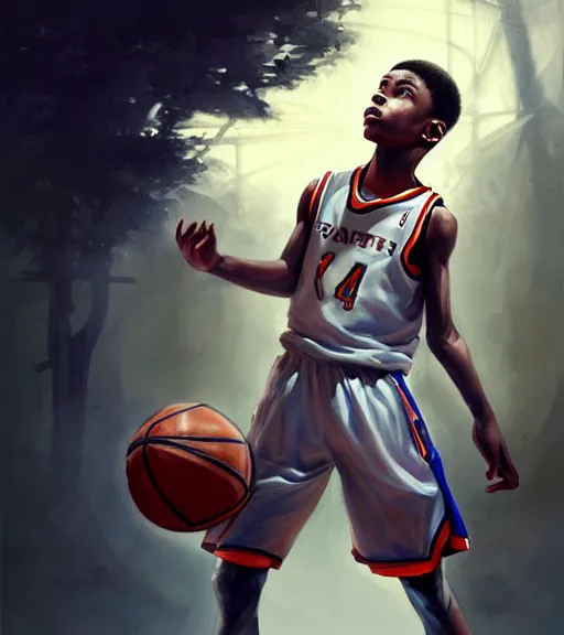 Prompt: portrait of a boy at a basketball court playing basketball wearing a basketball uniform in a basketball court, intense emotion, detailed surroundings, intricate, elegant, highly detailed, centered, digital painting, artstation, concept art, smooth, sharp focus, illustration, by Peter Mohrbacher, WLOP