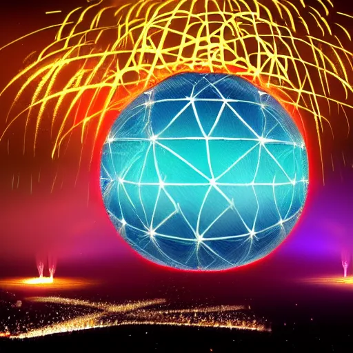 Prompt: Digitial art of spaceship earth with fireworks in the sky, trending on artstation