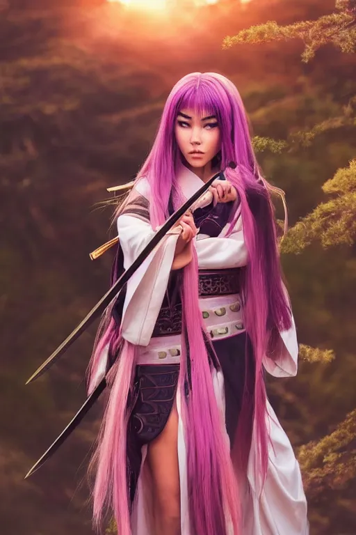 Prompt: highly detailed beautiful photo of madison beer as a young female samurai, practising sword stances, symmetrical face, beautiful eyes, pink hair, realistic anime art style, 8 k, award winning photo, pastels colours, action photography, 1 / 1 2 5 shutter speed, sunrise lighting