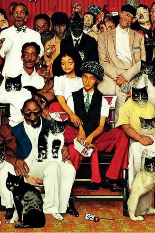 Image similar to snoop dogg and his cats painted by Norman Rockwell