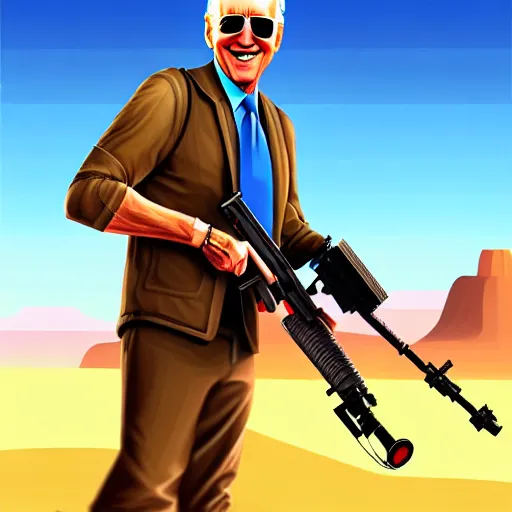 Prompt: Joe Biden holding a rocket launcher in the desert, digital painting, wearing sunglasses, epic, realistic, trending on artstation, highly detailed