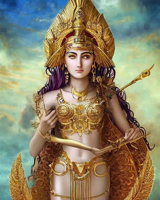 Image similar to Athena as a mesopotamian goddess of fertility, very detailed eyes, realistic eyes, , extremely beautiful, marvelous eyes, dawn, halo, flowers and plants, gold, intricated design, very detailed and rich clothing ,vivid color.digital 2D, painterly style, cinematic matte Illustration,trending on pixiv and artstation.Fantastic depth-of-field effect in Bacnground.Fine particles fluttering in the air. anime wallpaper，Sunlight on the face.by Wlop,Mika Pikazo，米山舞，Yoneyama Mai，Makoto Shinkai, VOFAN