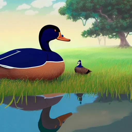 Prompt: A medium format portrait of a mallard duck encouraging a pretty girl that she’s going to have a great day and go on many adventures, in the style of Studio Ghibli, artstation, highly detailed, digital painting, smooth, 8k, elegant